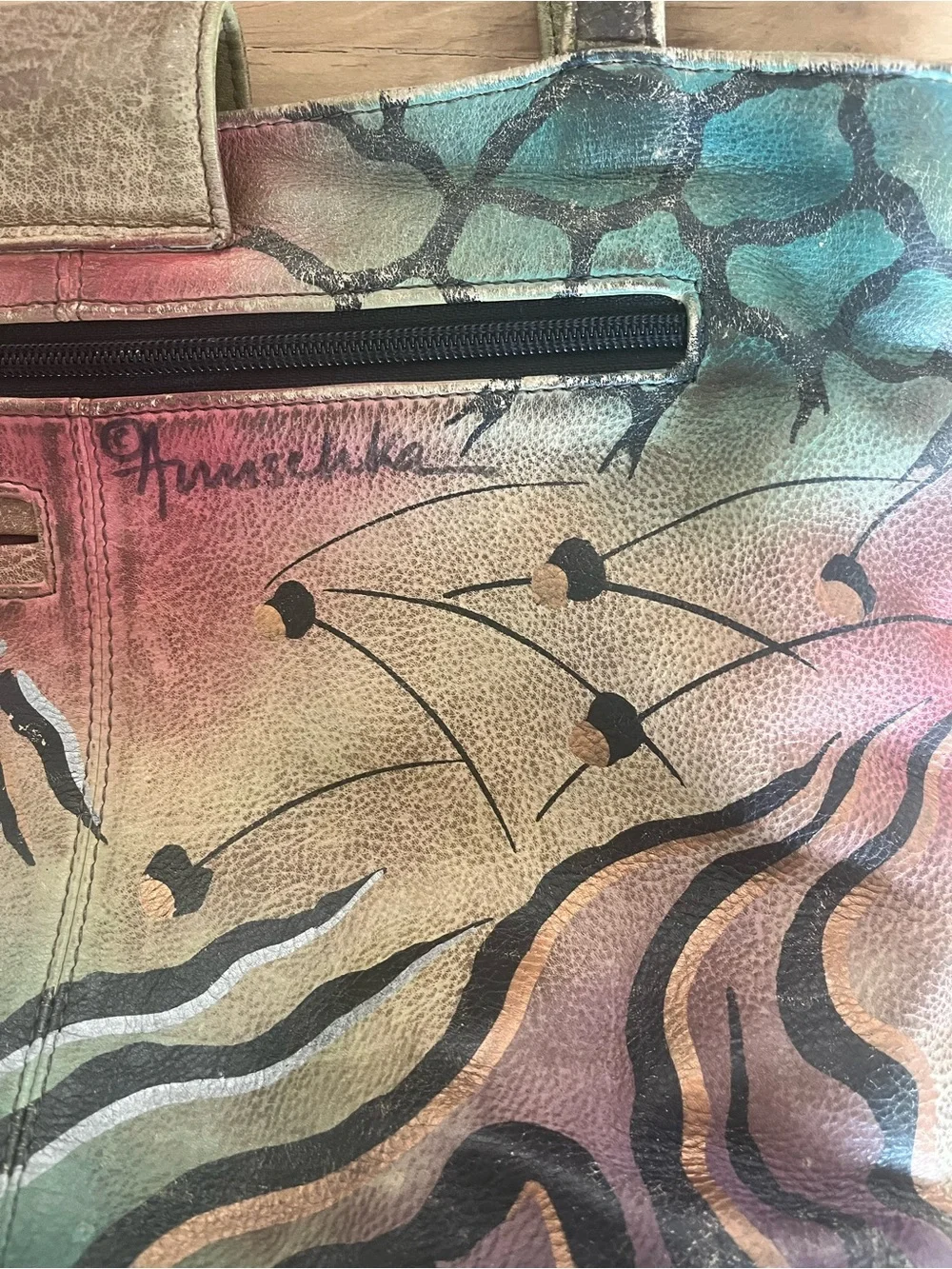 Anuschka Hand-Painted Authentic Leather Bag Tiger Stripes + Leopard Spots Y2K